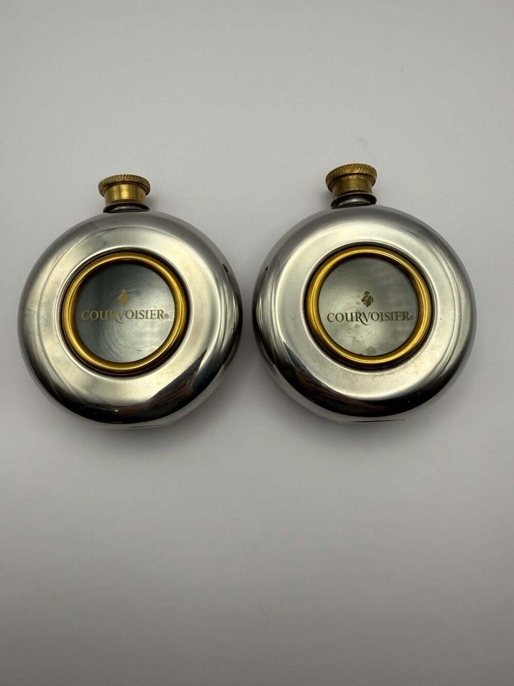Pair of Courvoisier 5oz Stainless Steel Round Window Flasks with Brass Screw Top